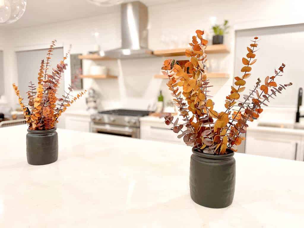 Signed Samantha's friend Caitlin describes how she styles her kitchen counters. On her island, which is pictured, she has two black vases with fall-coloured eucalyptus.