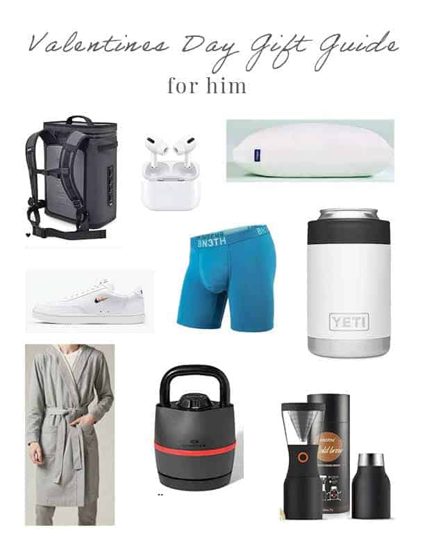 Valentine's Day Gift Guide For Him nine objects on a white background including a yeti cooler backpack, a housecoat, shoes, a coffee maker, a pillow, airpods, boxers, and workout weights