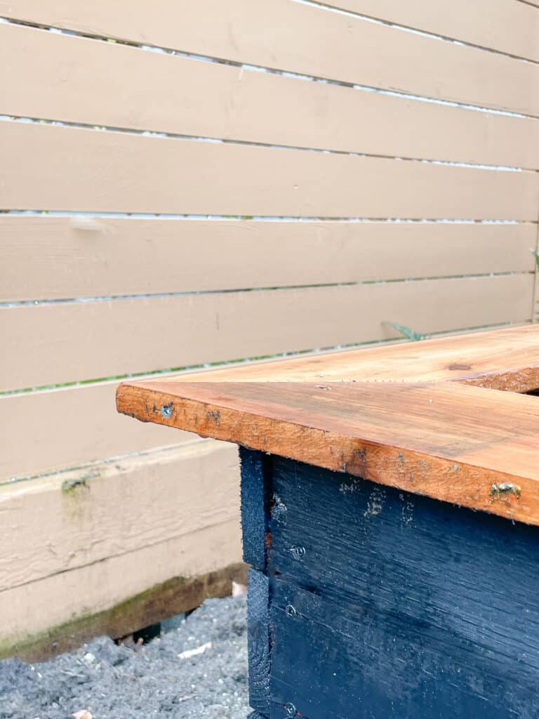 The corner of a garden box sitting outside in the garden bed. It is a black garden box with a non-painted cedar cap. this shows where the screw goes to get the mitred corners together.