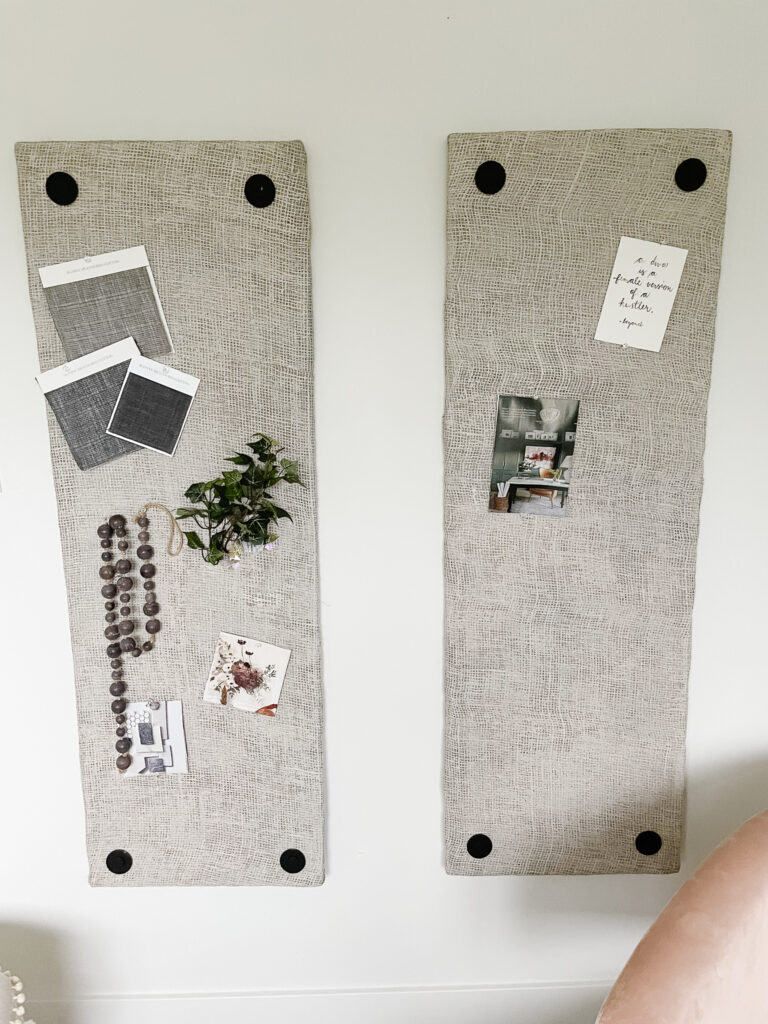 Two DIY push pin boards hanging on a wall with design inspiration on them