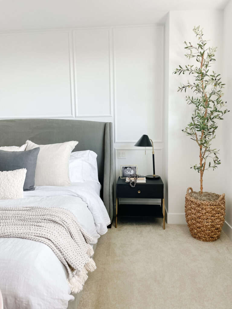 primary bedroom with panel moulding on the wall, an olive tree on the side, a bed with several throw pillows and blankets.