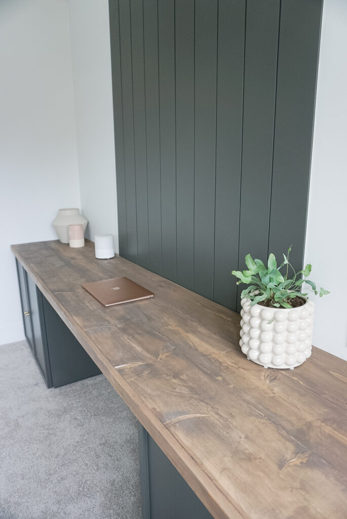 DIY desk top for week five of the one room challenge. Shiplap in behind - two bookshelves still to come