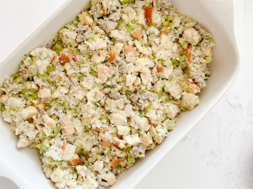 delicious uncooked stuffing in a pan ready to get into the oven.