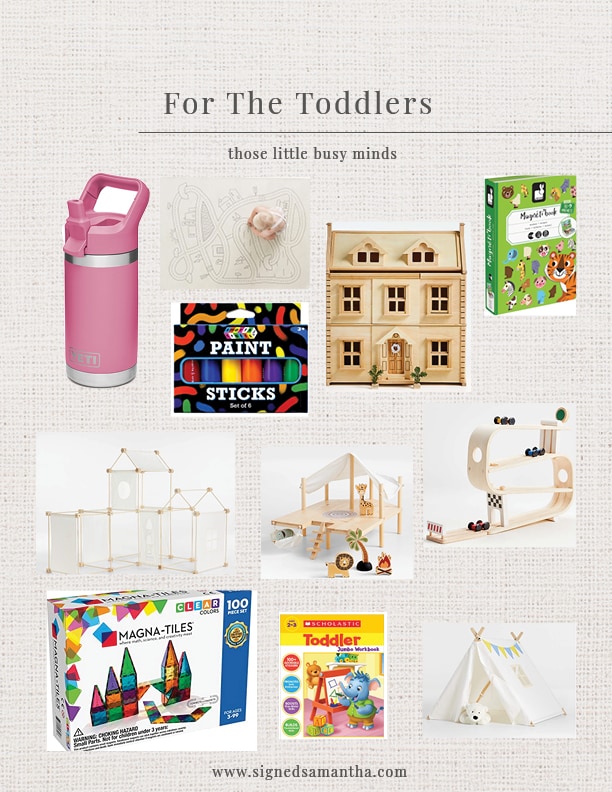 gift guide for toddlers in 2021 including a fort, workbooks, a yeti mug, doll house, car track