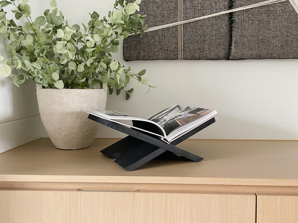 book display styled with a book (duh), in a living room in front of a planter pot and a piece of art.