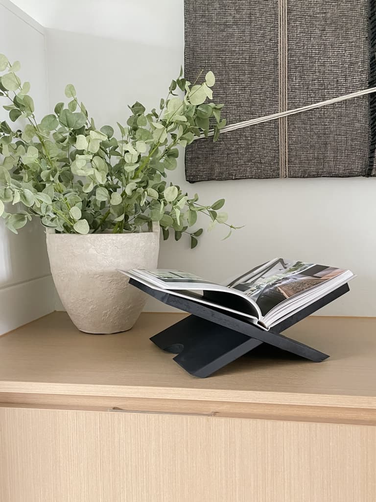 book display styled with a book (duh), in a living room in front of a planter pot and a piece of art.