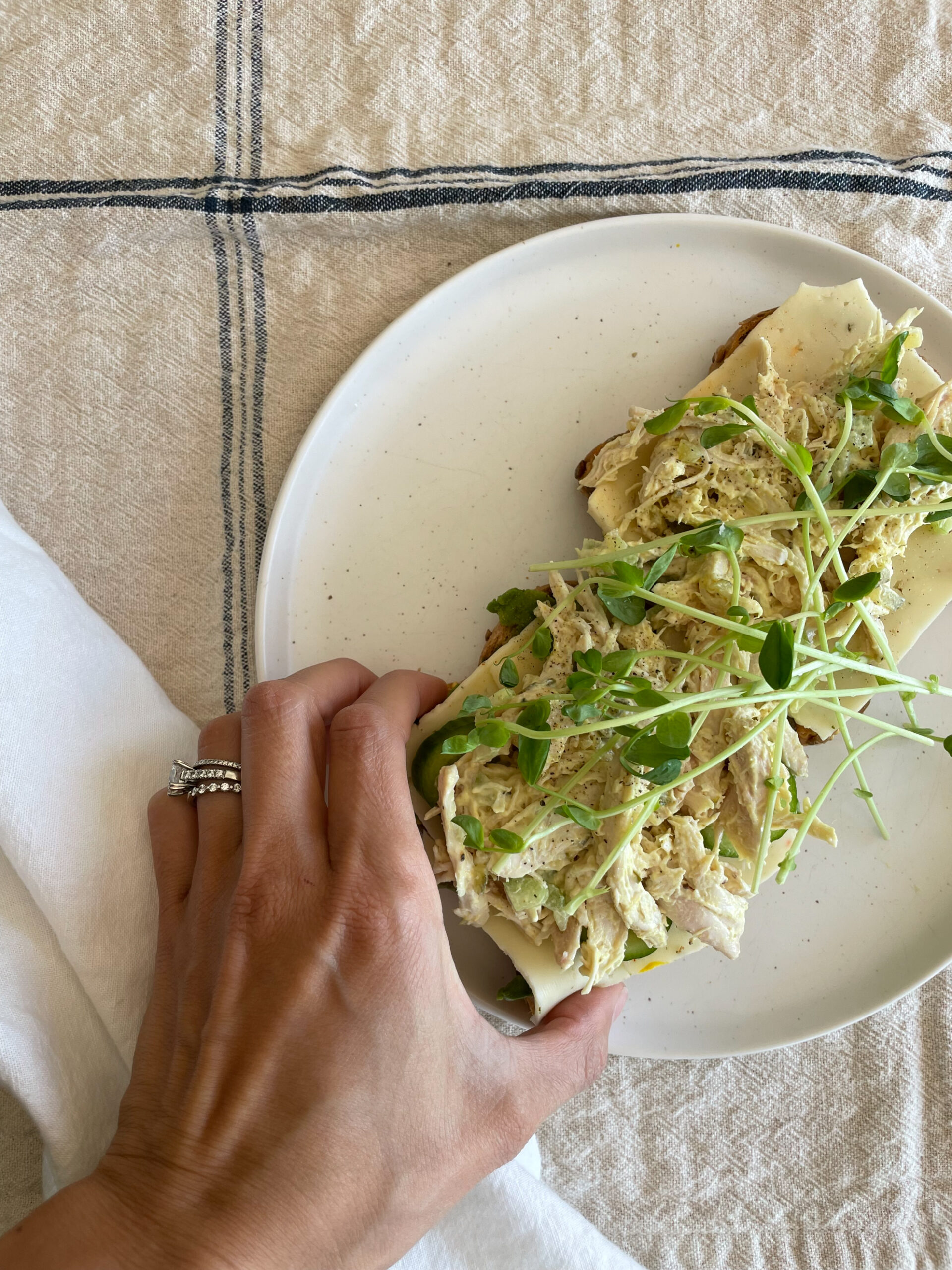 hand grabbing a chicken salad sandwich