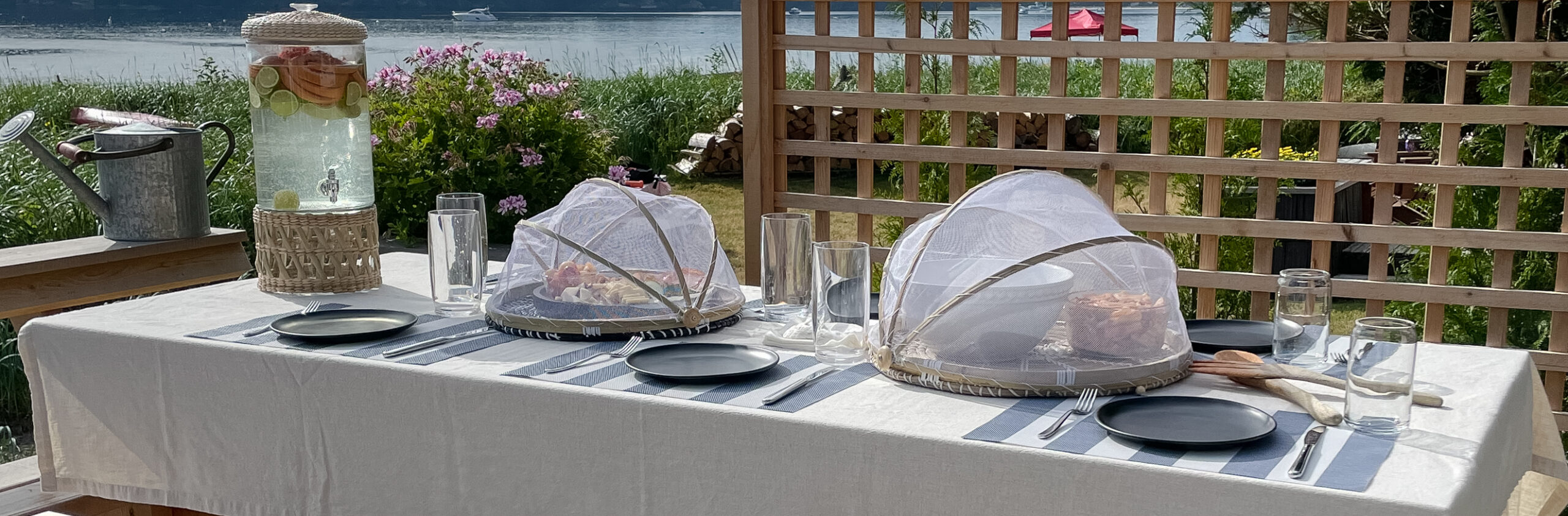 summer must-have's include a food net cover as pictured on a picnic table