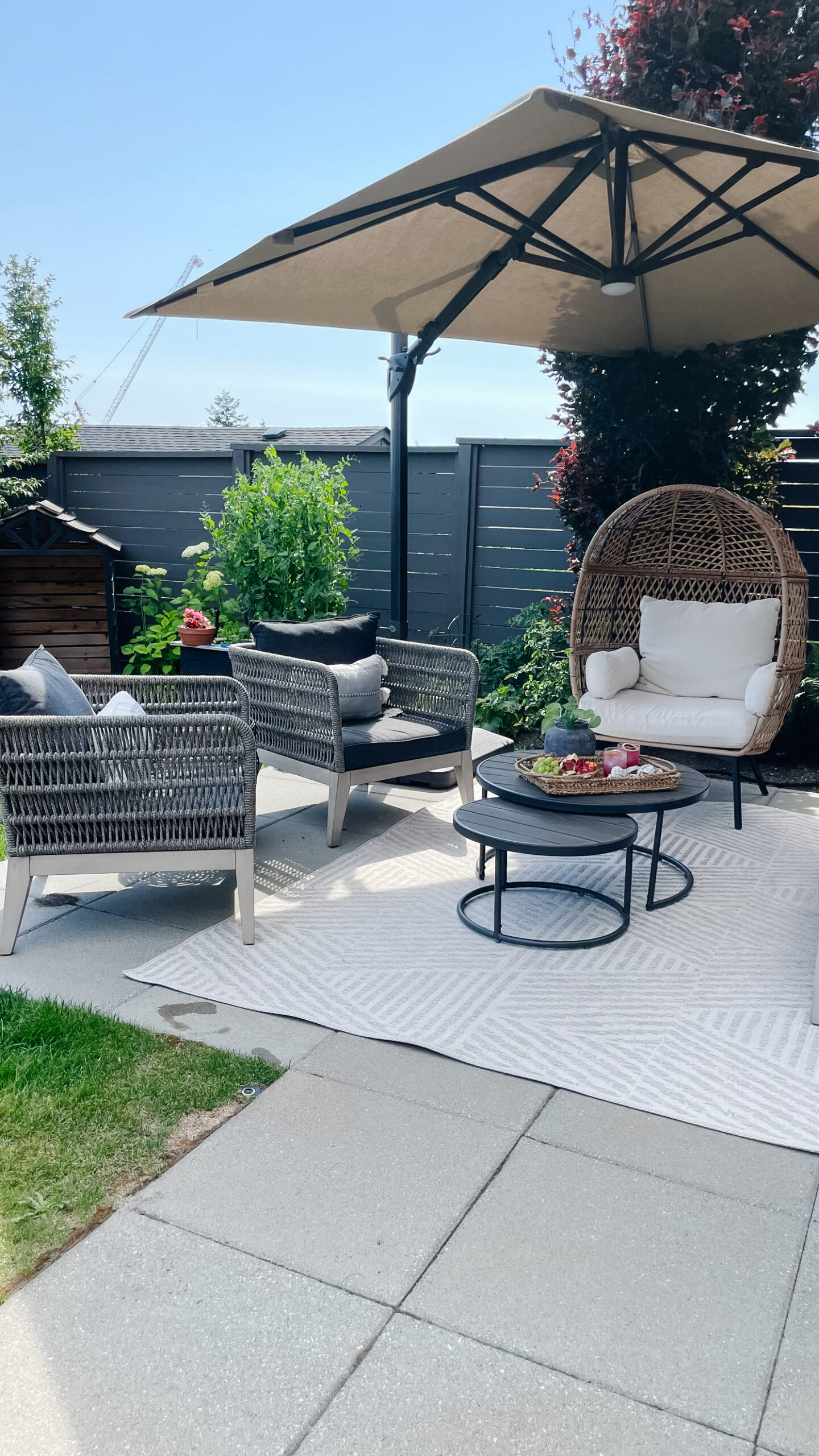 backyard patio space with outdoor furniture a rug and throw pillows, table and food set up